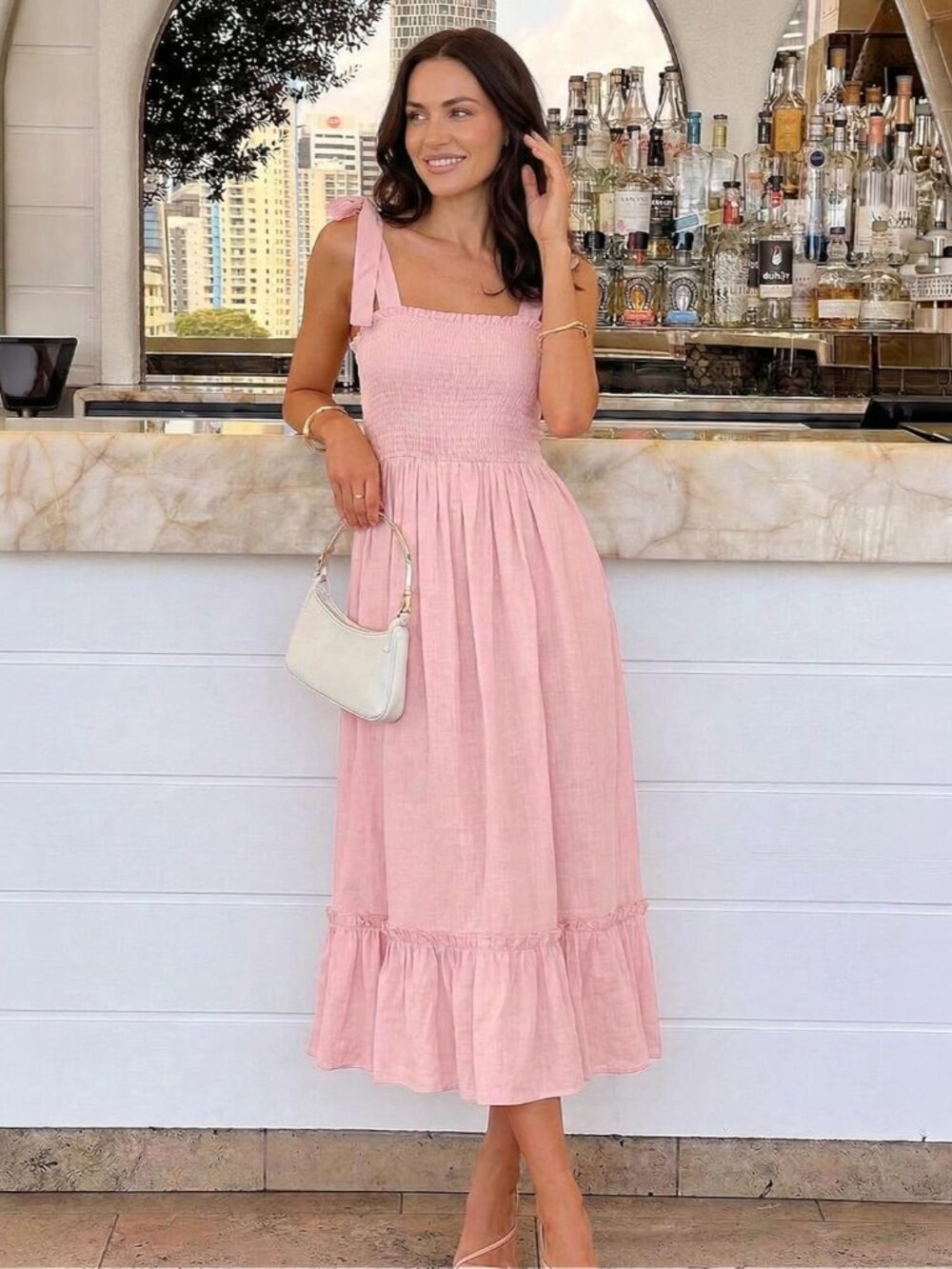 Women's 2026 Summer Boho Spaghetti Strap Square Neck Solid Color Ruffle A Line B - Picture 6 of 9